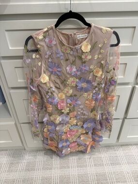 Avec Les Filles Nude Sheer Top with Pastel Floral Embroidery